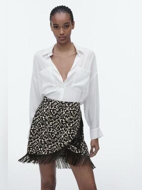 Zara Black & White Fringe Wrap Skirt - Women with side zipper closure